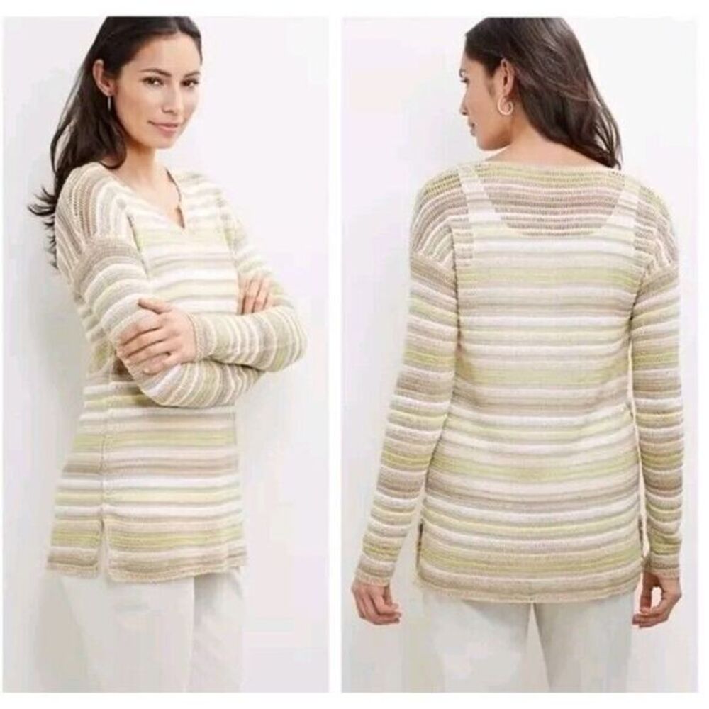 J. JILL Sweater Pullover Top Open Weave Medium Linen Modal Coastal‎ Beachy